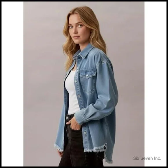 Oversized Denim Jacket Distressed Vintage Y2K Chic Boyfriend Fit Button Closure - Picture 4 of 8